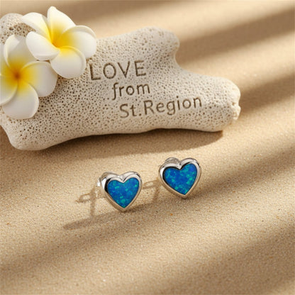 Blue Opal Bezel-Set Heart Stud Earrings, stud earrings for women, everyday style, lifestyle look