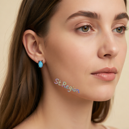 Blue Opal & Black-Tone Oval Stud Earrings