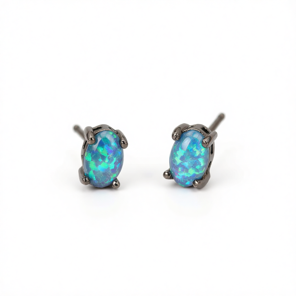 Blue Opal & Black-Tone Oval Stud Earrings