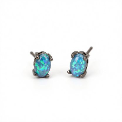 Blue Opal & Black-Tone Oval Stud Earrings