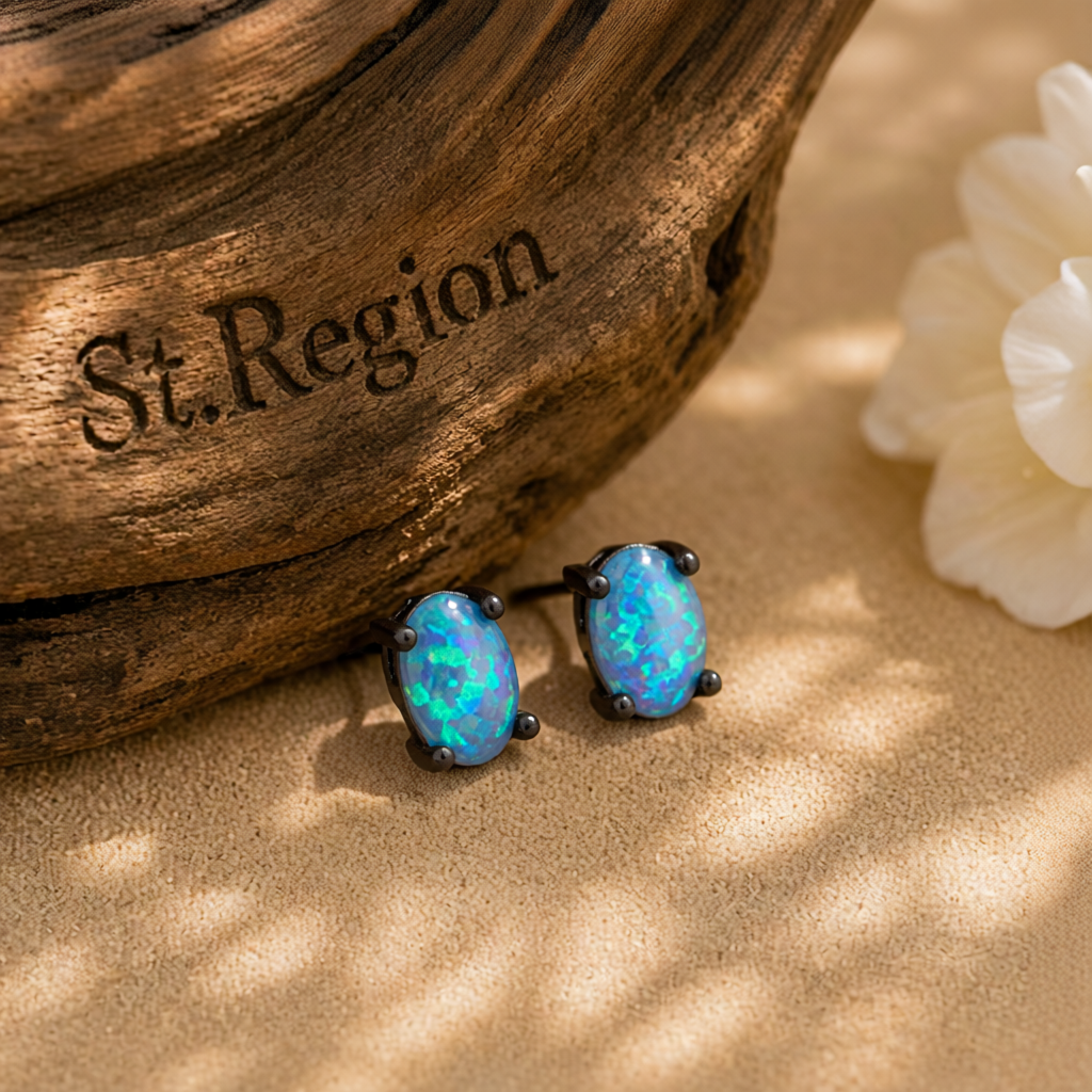 Blue Opal & Black-Tone Oval Stud Earrings