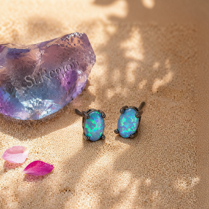 Blue Opal & Black-Tone Oval Stud Earrings
