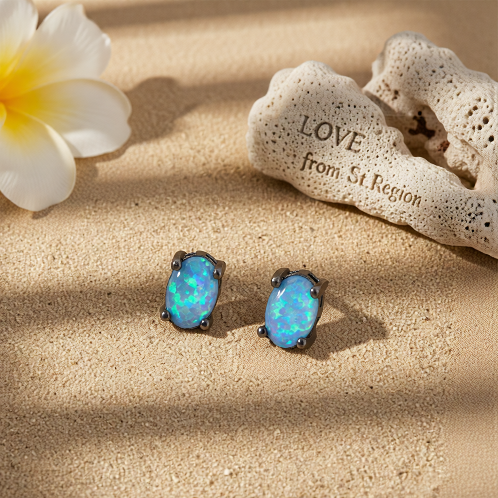 Blue Opal & Black-Tone Oval Stud Earrings