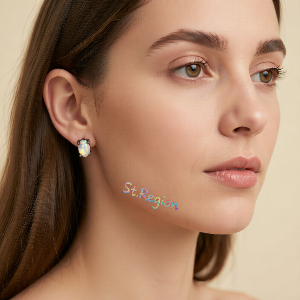 White Opal & Black-Tone Oval Stud Earrings