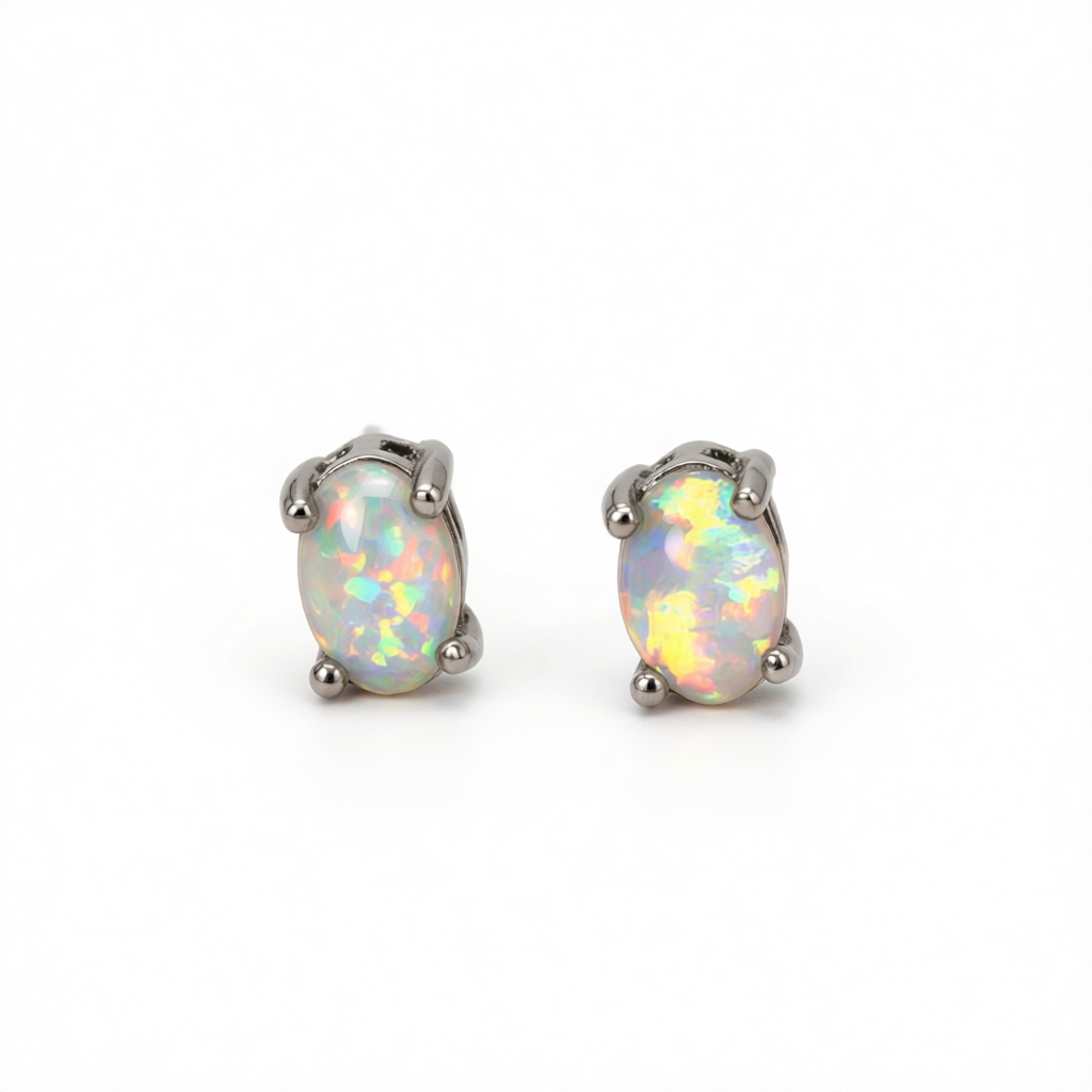 White Opal & Black-Tone Oval Stud Earrings