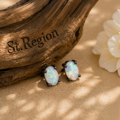 White Opal & Black-Tone Oval Stud Earrings