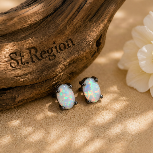 White Opal & Black-Tone Oval Stud Earrings