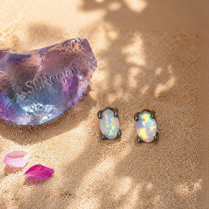 White Opal & Black-Tone Oval Stud Earrings