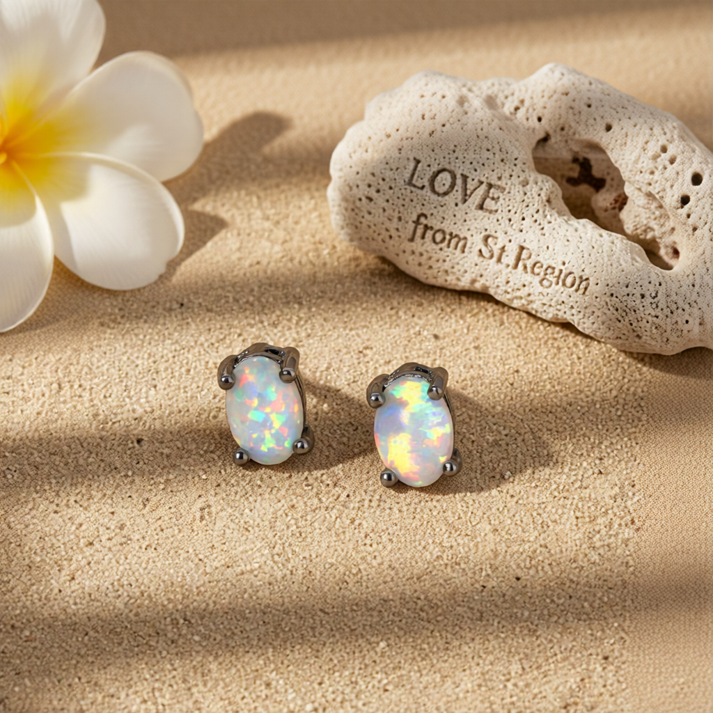 White Opal & Black-Tone Oval Stud Earrings