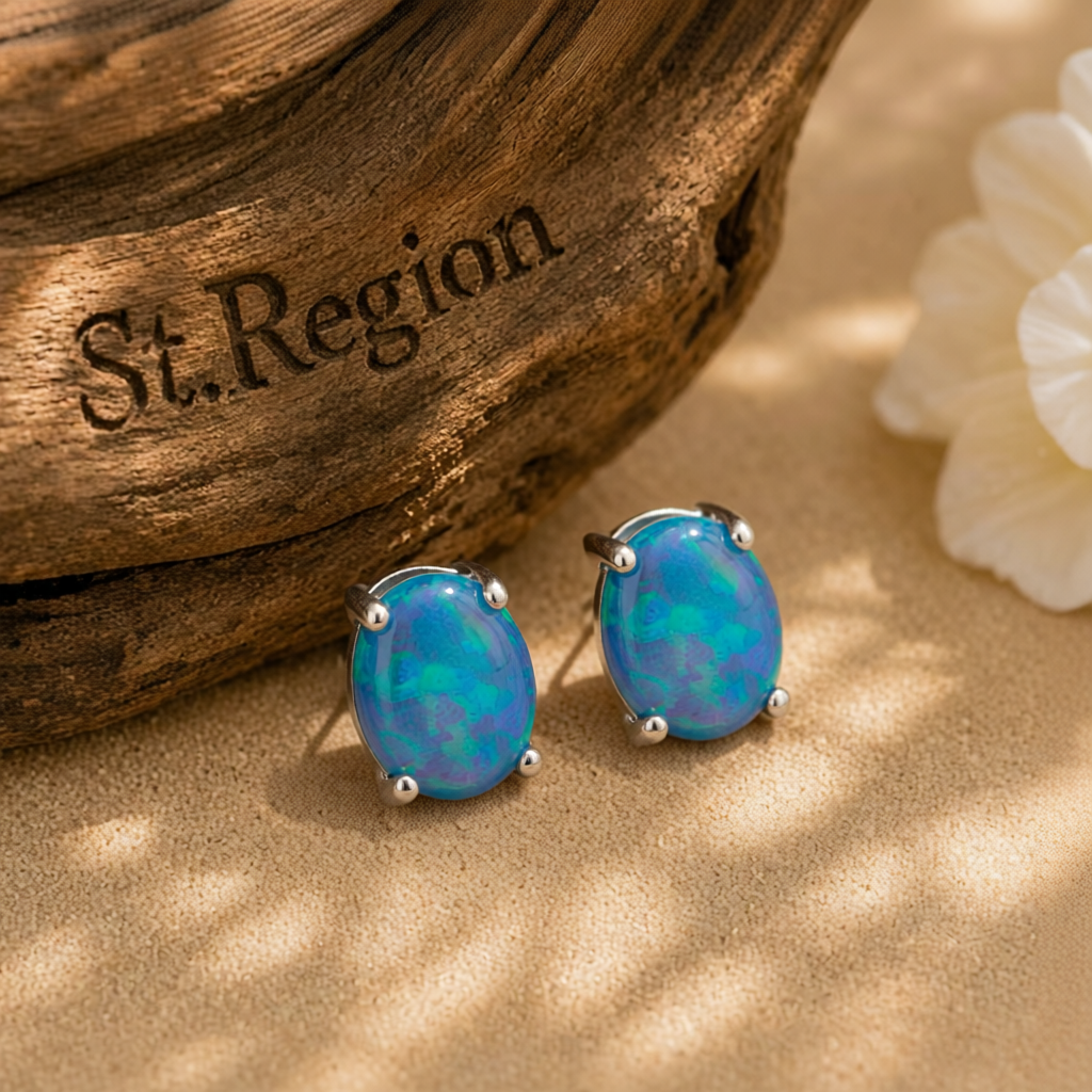 Blue Opal & Silver-Plated Oval Stud Earrings