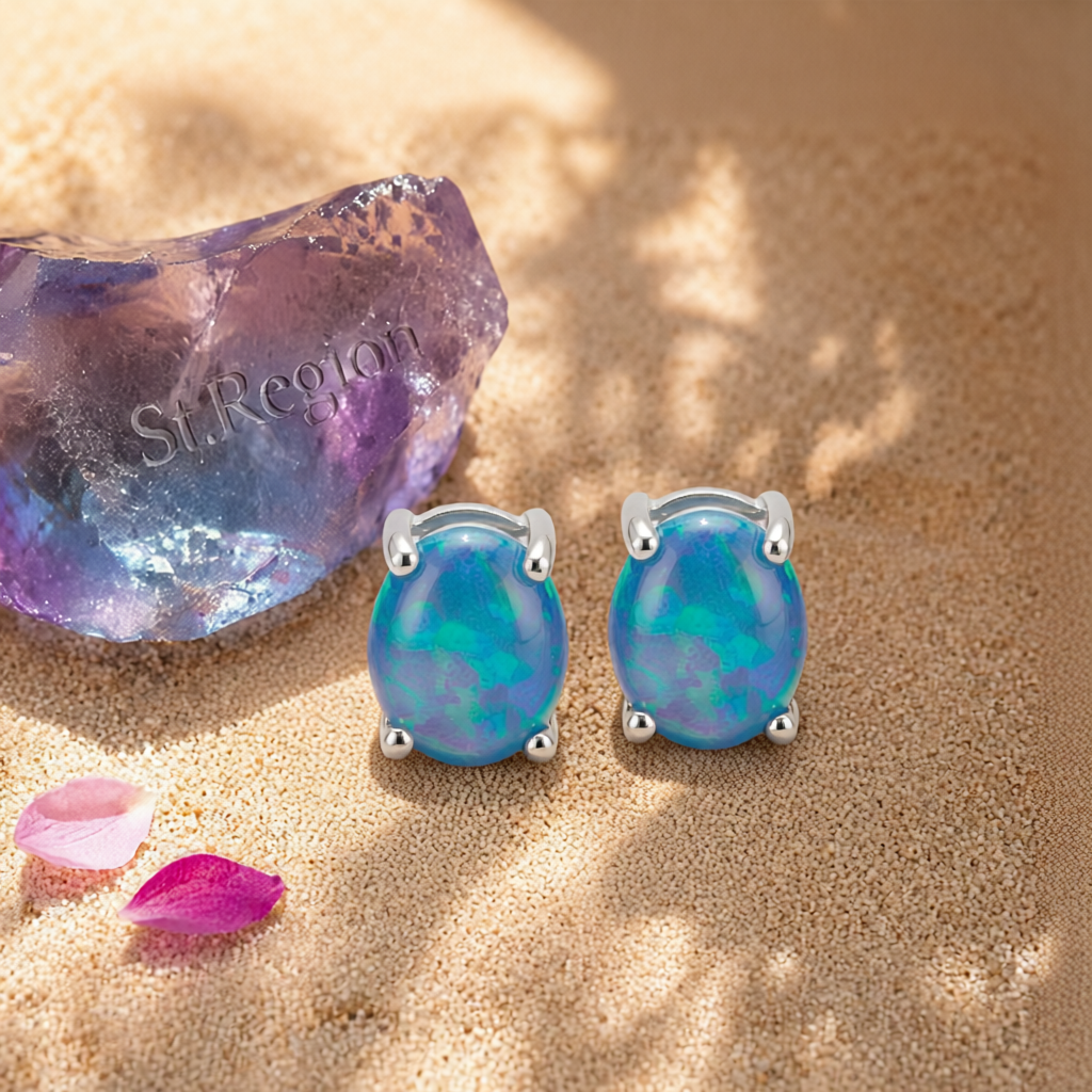Blue Opal & Silver-Plated Oval Stud Earrings