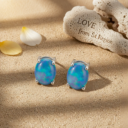 Blue Opal & Silver-Plated Oval Stud Earrings