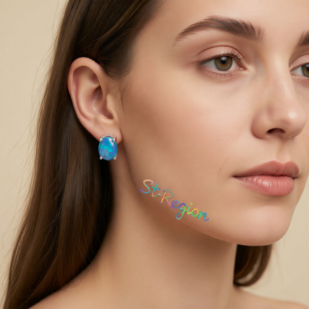 Blue Opal & Silver-Plated Oval Stud Earrings