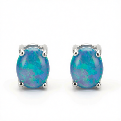 Blue Opal & Silver-Plated Oval Stud Earrings