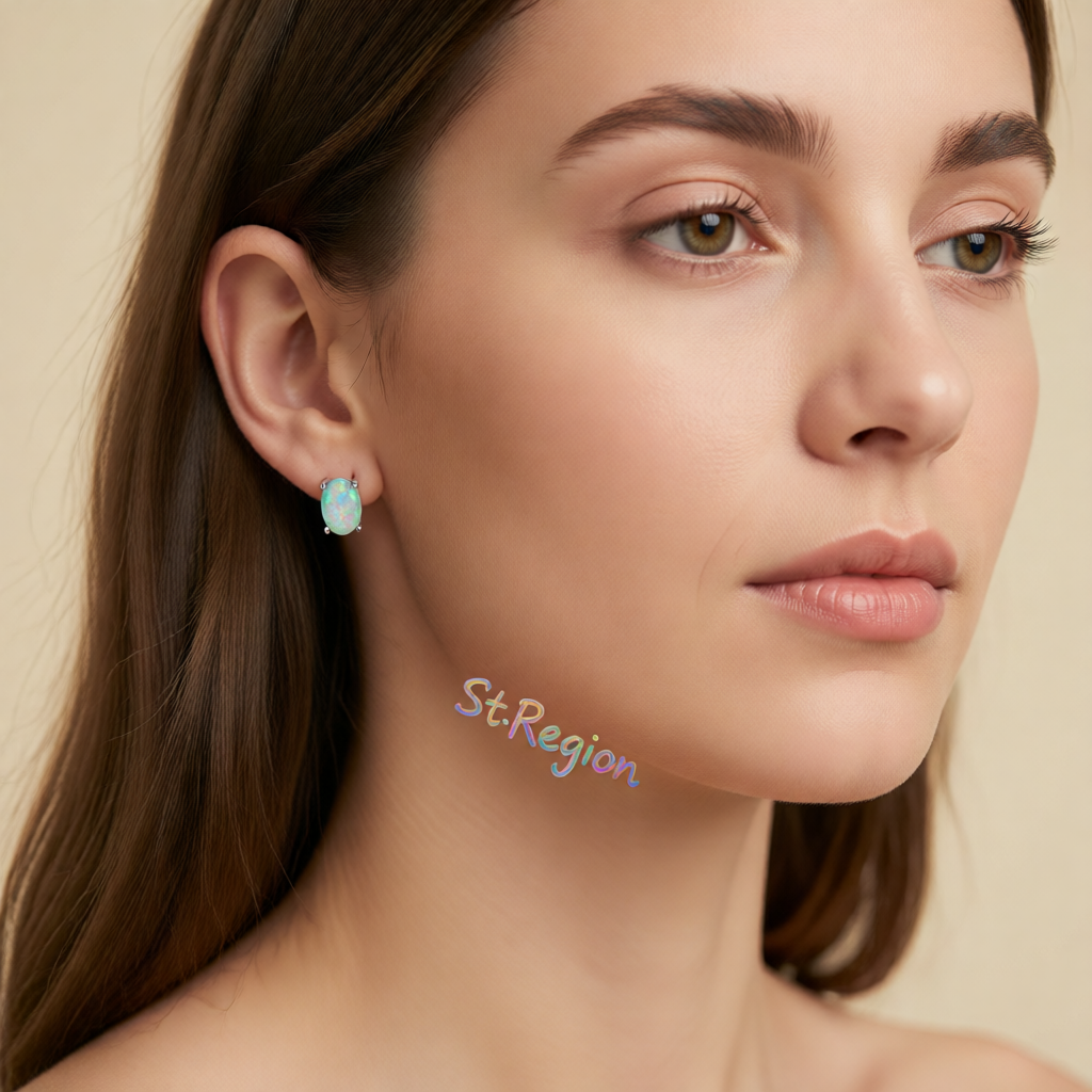 Green Opal & Silver-Plated Oval Stud Earrings