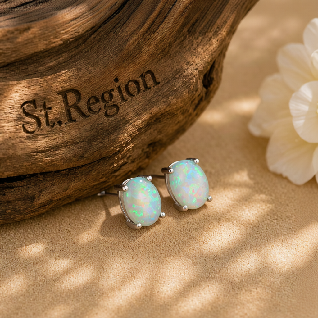 Green Opal & Silver-Plated Oval Stud Earrings