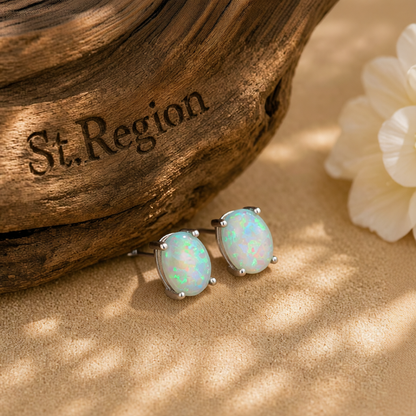 Green Opal & Silver-Plated Oval Stud Earrings