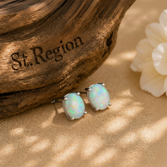 Green Opal & Silver-Plated Oval Stud Earrings