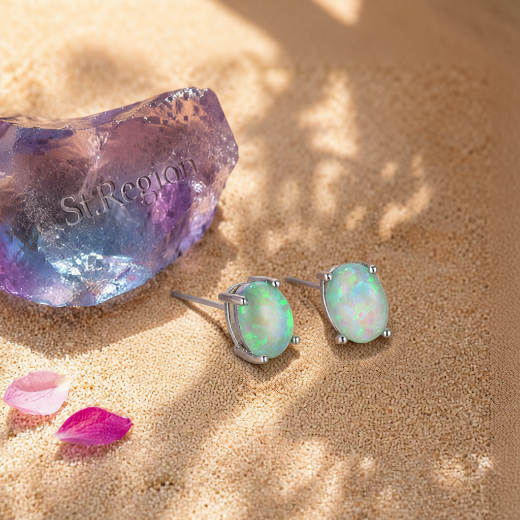 Green Opal & Silver-Plated Oval Stud Earrings