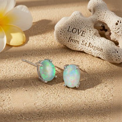 Green Opal & Silver-Plated Oval Stud Earrings