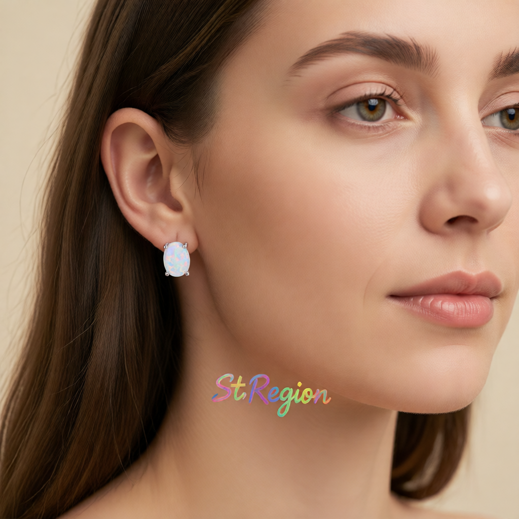 White Opal & Silver-Plated Oval Stud Earrings