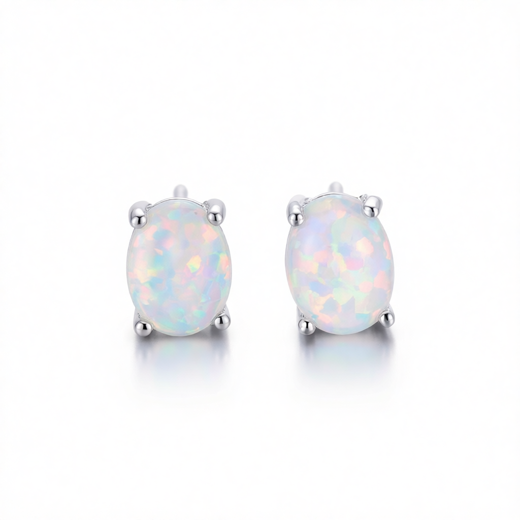 White Opal & Silver-Plated Oval Stud Earrings