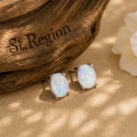 White Opal & Silver-Plated Oval Stud Earrings
