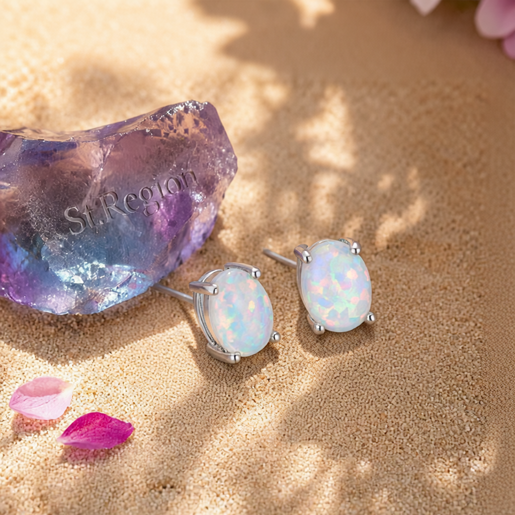 White Opal & Silver-Plated Oval Stud Earrings