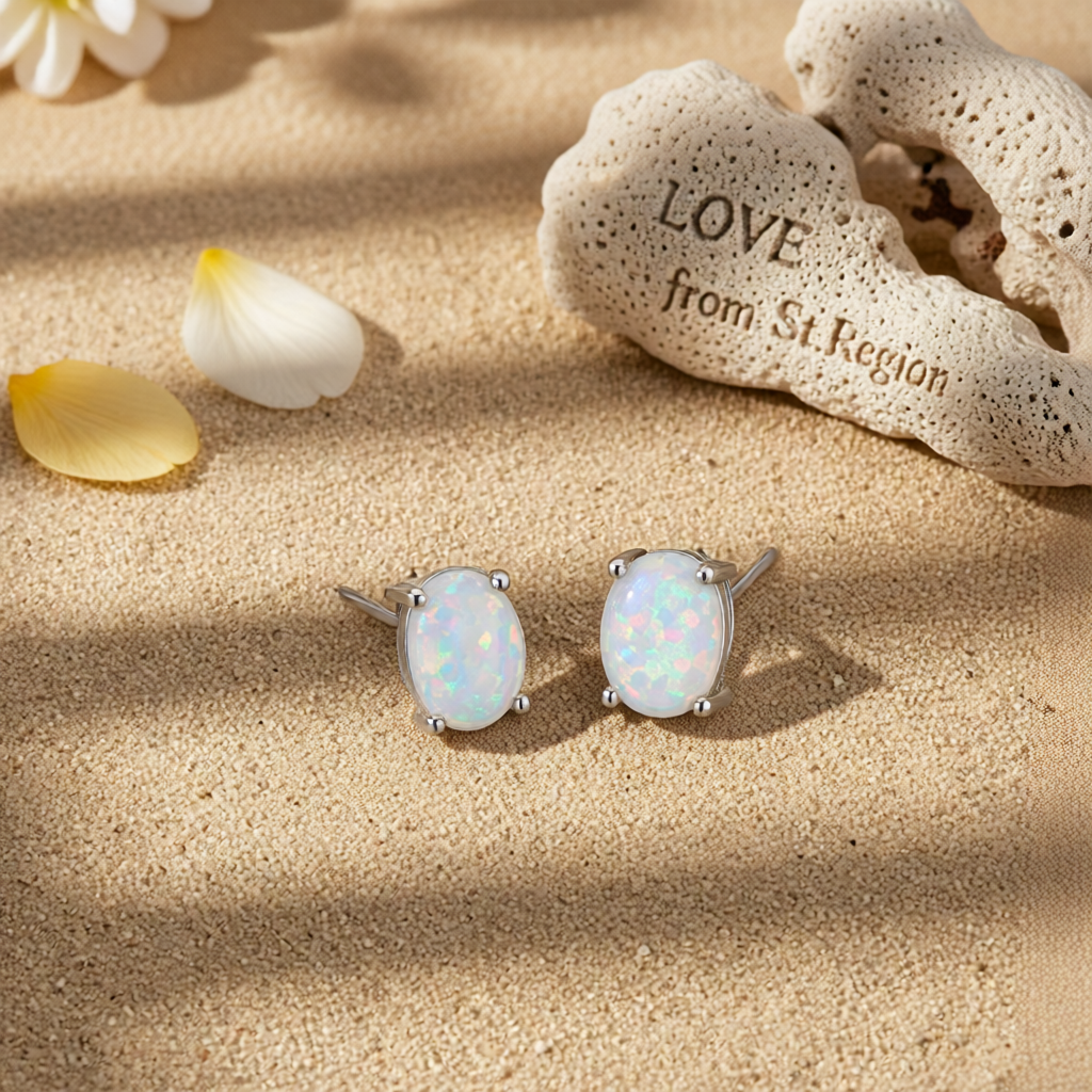 White Opal & Silver-Plated Oval Stud Earrings
