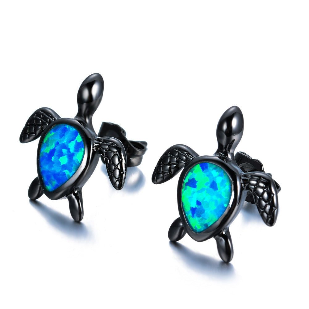 Blue Opal & Black Turtle Stud Earrings