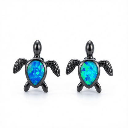 Blue Opal & Black Turtle Stud Earrings