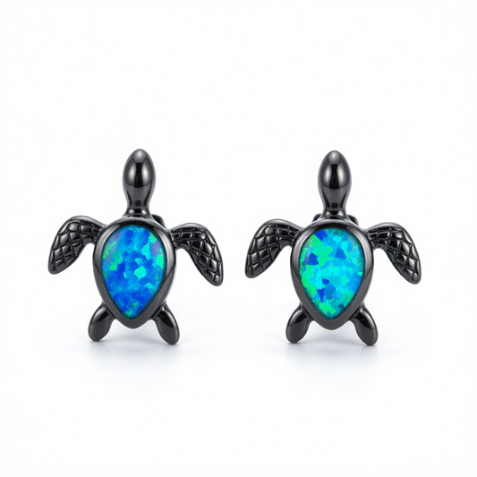 Blue Opal & Black Turtle Stud Earrings