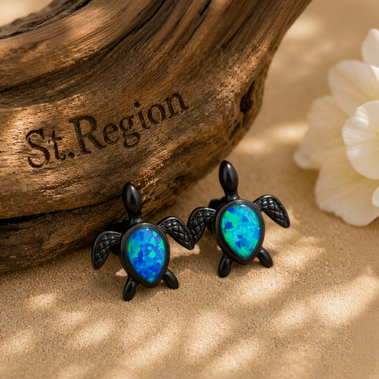 Blue Opal & Black Turtle Stud Earrings