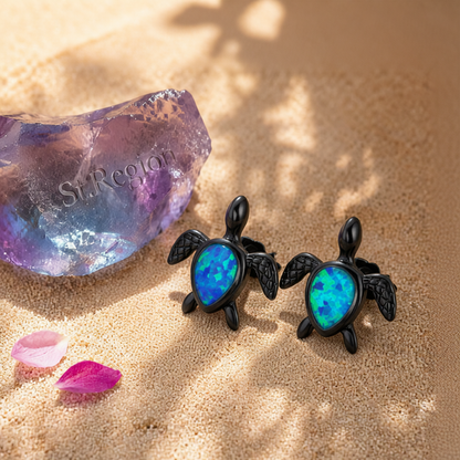 Blue Opal & Black Turtle Stud Earrings