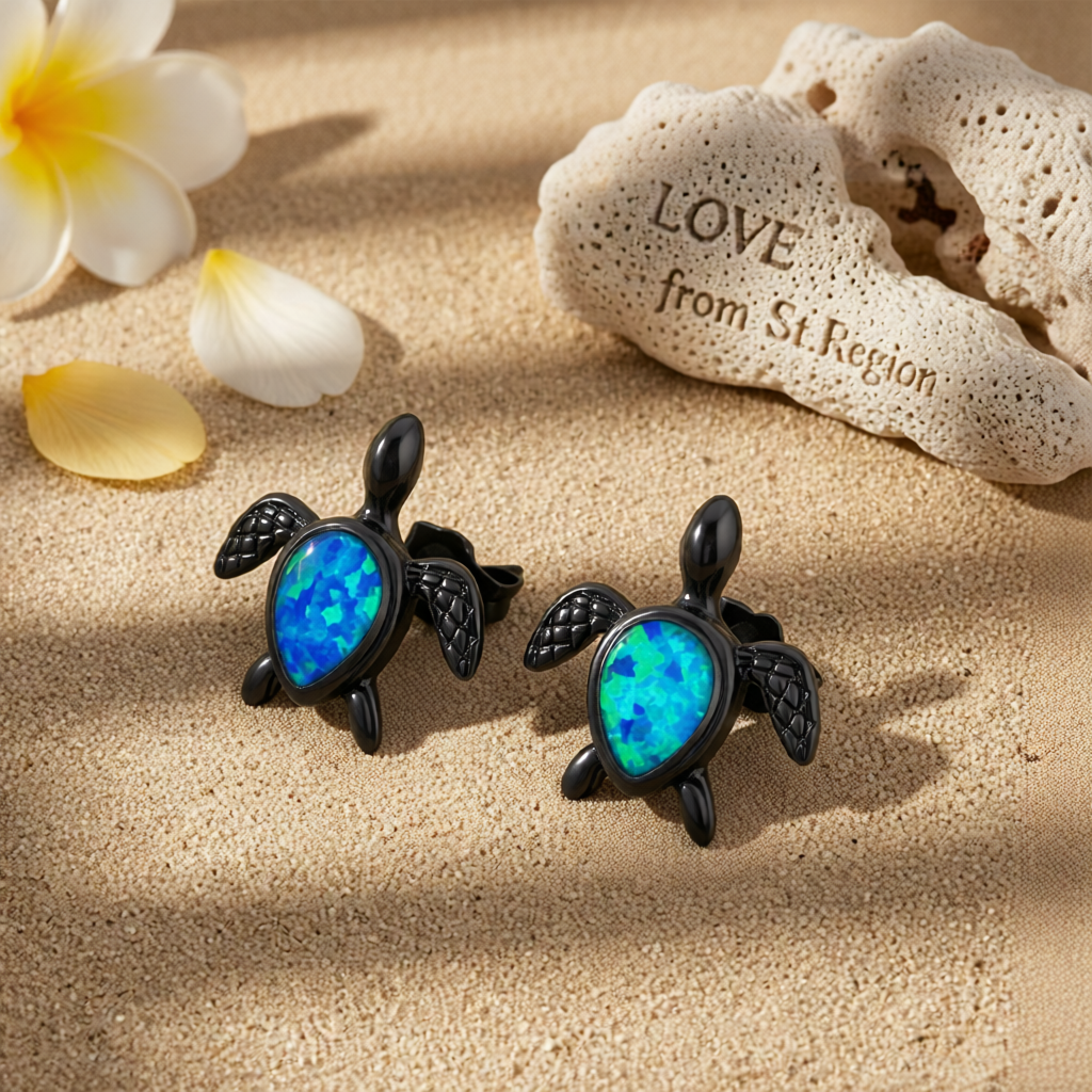 Blue Opal & Black Turtle Stud Earrings