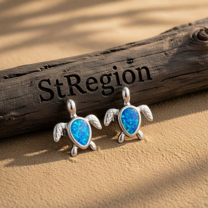 Blue Opal and Silver-Plated Turtle Stud Earrings, silver stud earrings for women, botanical inspired, front view