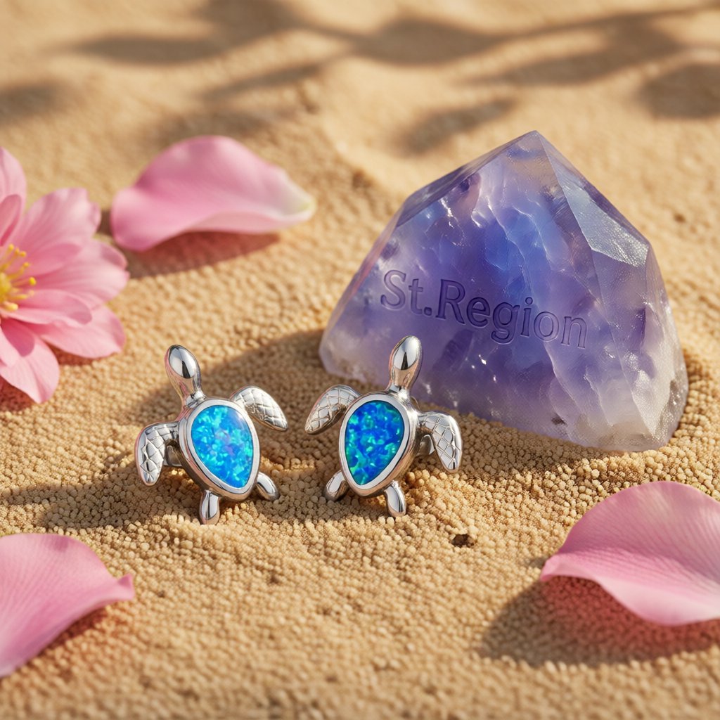 Blue Opal and Silver-Plated Turtle Stud Earrings, silver stud earrings for women, botanical inspired, detail close-up