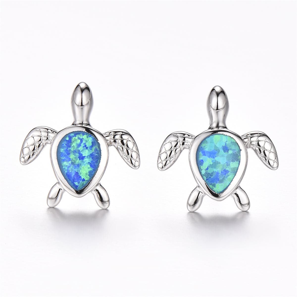 Blue Opal and Silver-Plated Turtle Stud Earrings, silver stud earrings for women, botanical inspired, side view