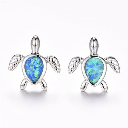 Blue Opal and Silver-Plated Turtle Stud Earrings, silver stud earrings for women, botanical inspired, side view
