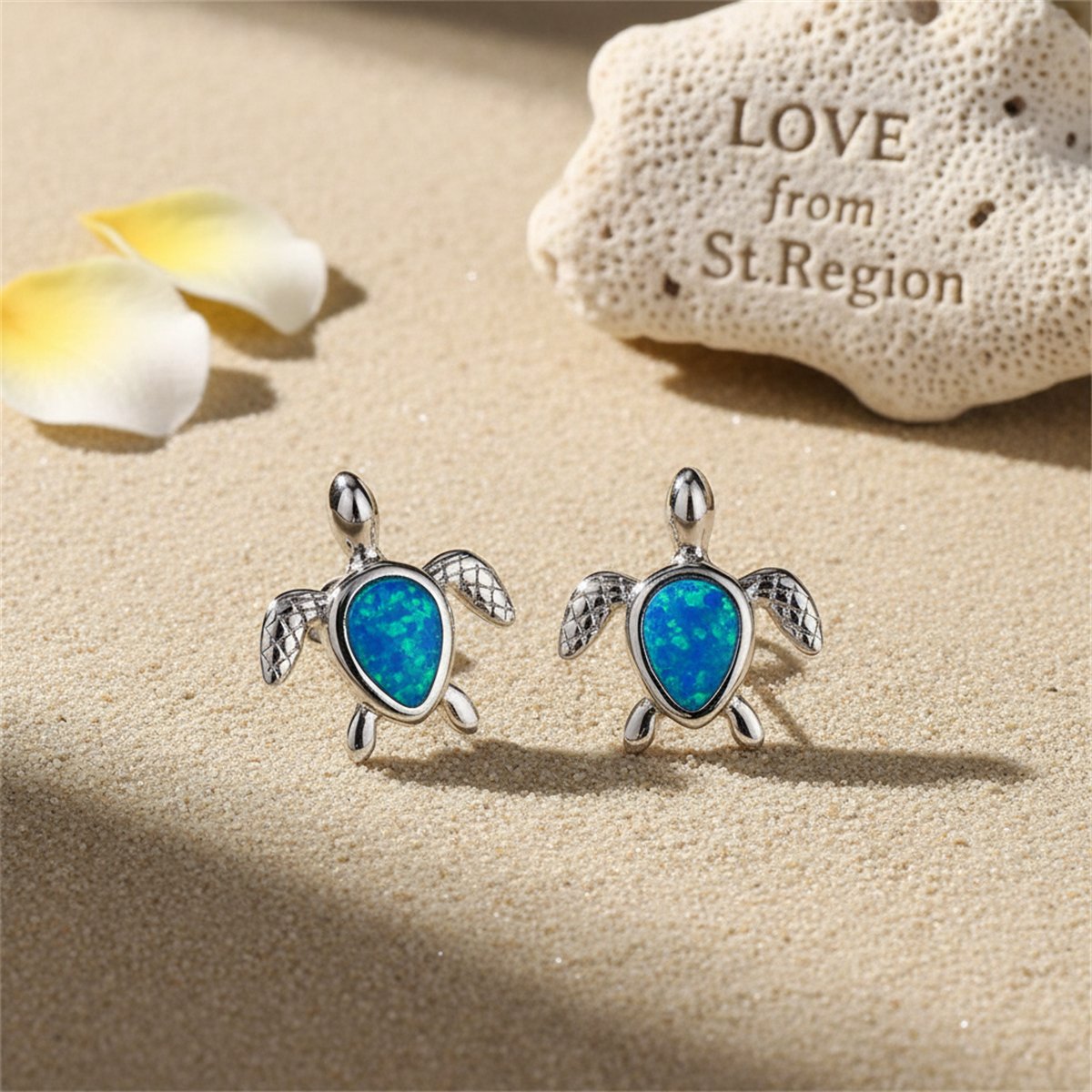 Blue Opal and Silver-Plated Turtle Stud Earrings, silver stud earrings for women, botanical inspired, lifestyle look