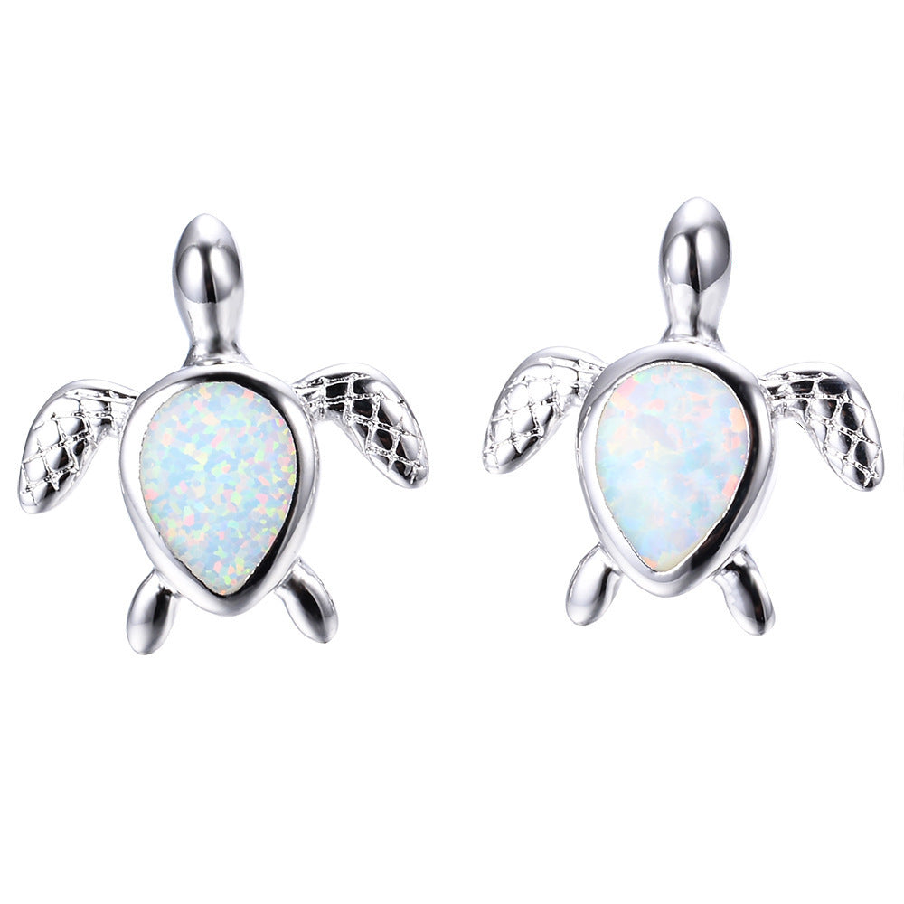 White Opal & Silver-Plated Turtle Stud Earrings