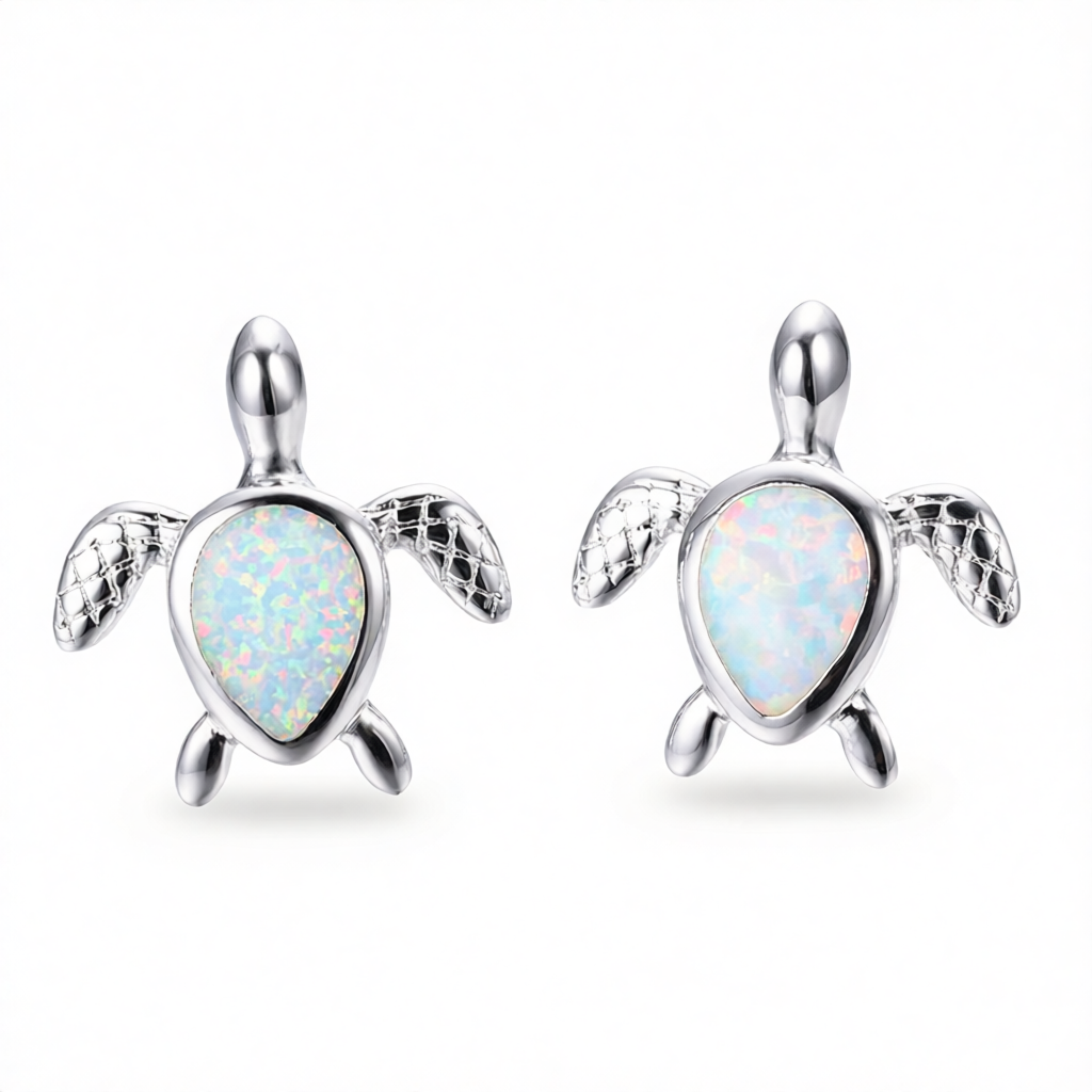 White Opal & Silver-Plated Turtle Stud Earrings