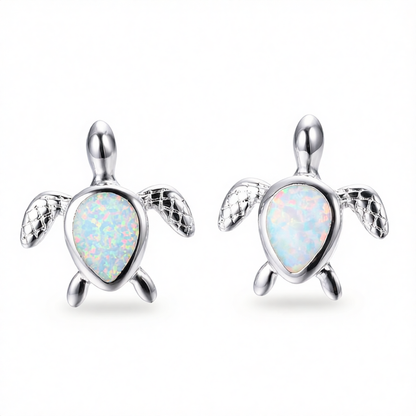White Opal & Silver-Plated Turtle Stud Earrings
