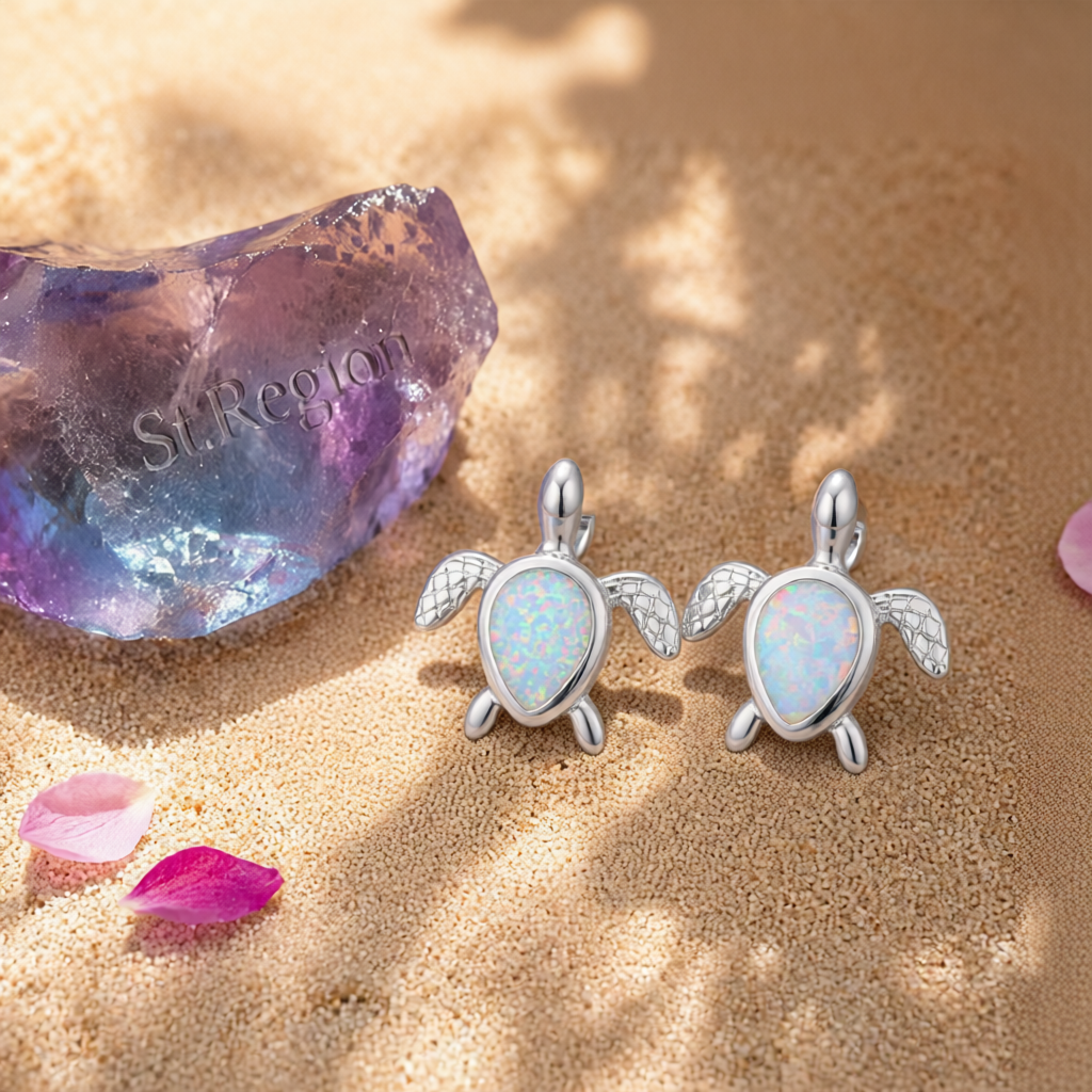White Opal & Silver-Plated Turtle Stud Earrings