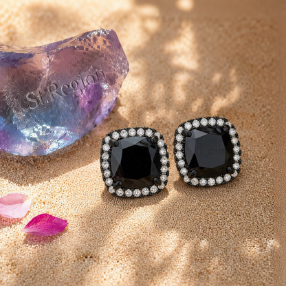 Black Princess Crystal & Rhodium-Plated Halo Stud Earrings