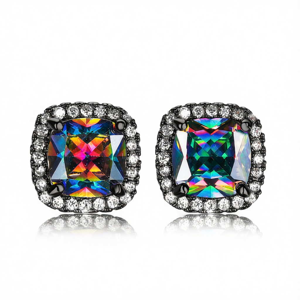 Colored Princess Crystal & Rhodium-Plated Halo Stud Earrings
