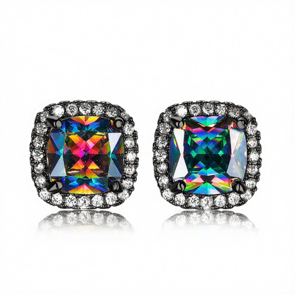 Colored Princess Crystal & Rhodium-Plated Halo Stud Earrings