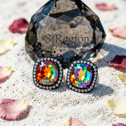 Colored Princess Crystal & Rhodium-Plated Halo Stud Earrings