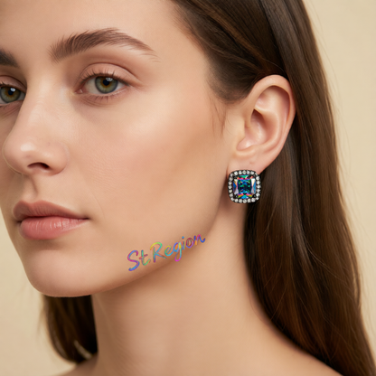 Colored Princess Crystal & Rhodium-Plated Halo Stud Earrings