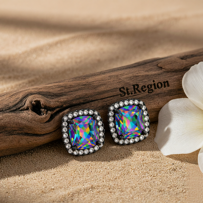 Colored Princess Crystal & Rhodium-Plated Halo Stud Earrings